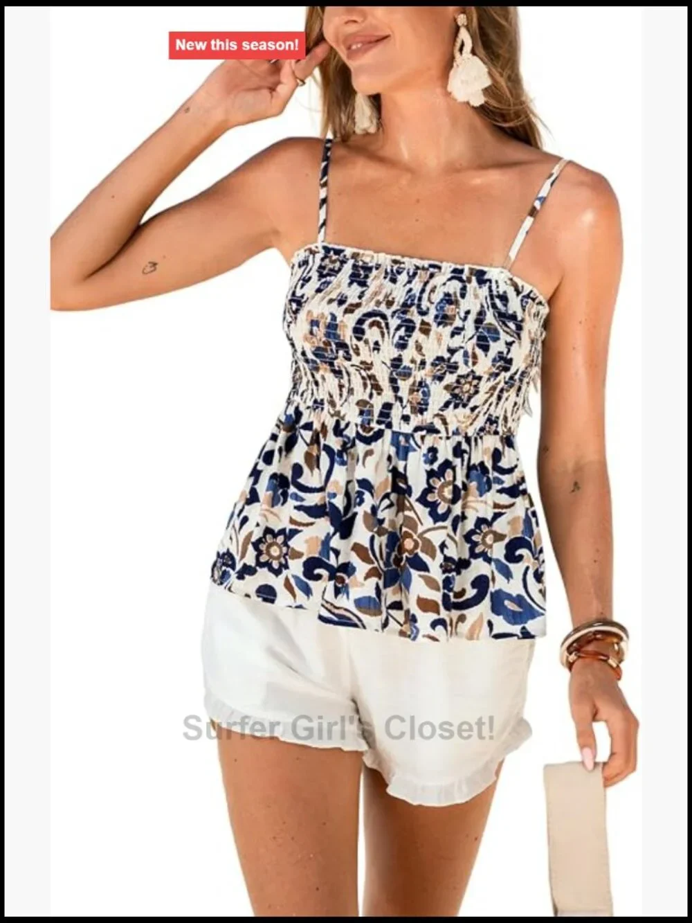 Women's Smocked Cami Top Floral Print Spaghetti Strap Summer Tank